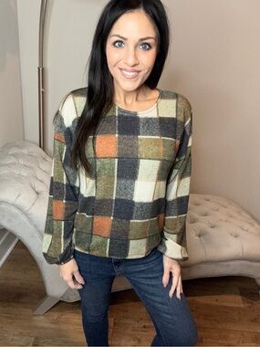 L 3X Plaid Long-Sleeve Women's Top in Olive, Rust, and Cream